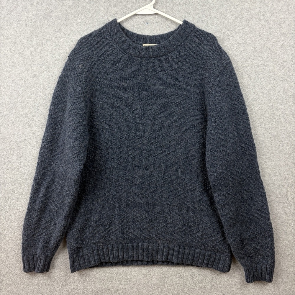 LL Bean Sweater Mens Large Blue Lambs Wool Chunky Fisherman Knit Pullover